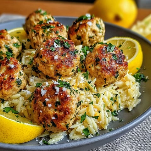A plate of Greek chicken meatballs with lemon orzo.