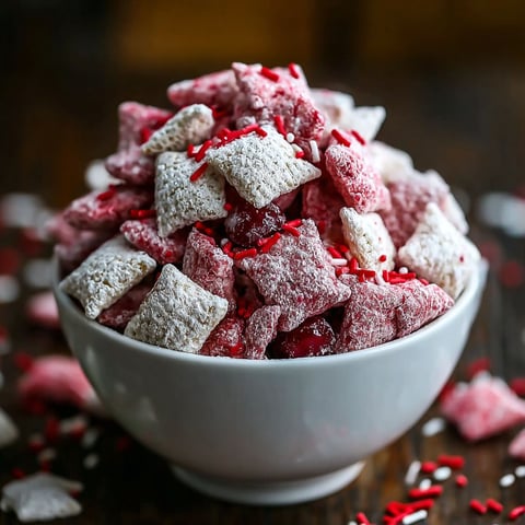 A bowl of cherry cheesecake puppy chow.