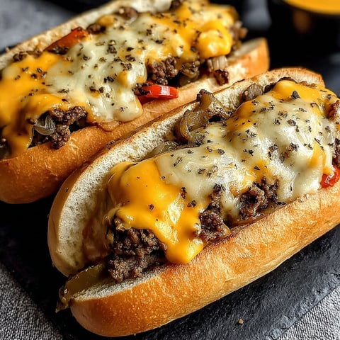 Two cheesesteaks with meat and cheese.