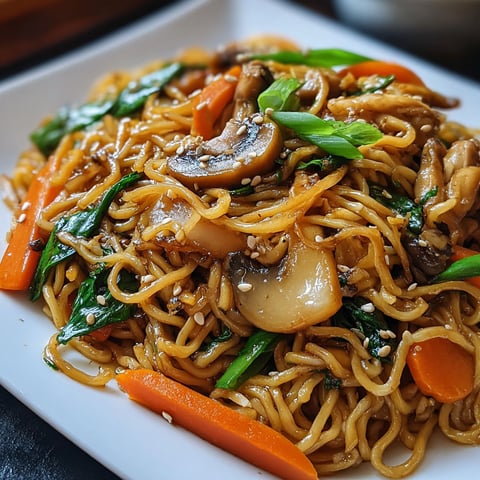 A plate of noodles with mushrooms and carrots on top.