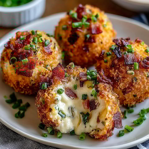 Four cheese balls with bacon and jalapenos on a plate.