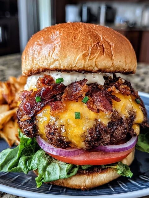 A close up of a burger with bacon and lettuce.