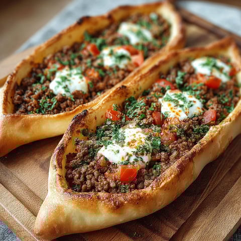 Two türkische pide with meat inside.