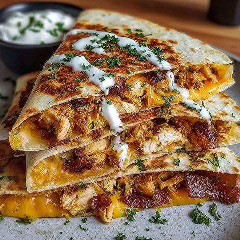A stack of grilled chicken bacon ranch quesadillas.