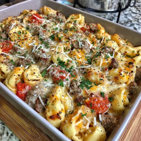A delicious looking casserole with pasta, tomatoes, and cheese.