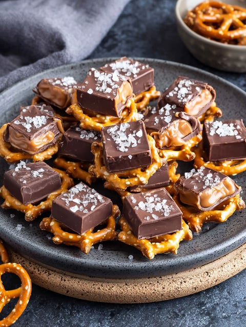 A plate of Snickers Pretzel Bites.