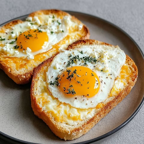 Two pieces of toast with eggs and cheese on top.