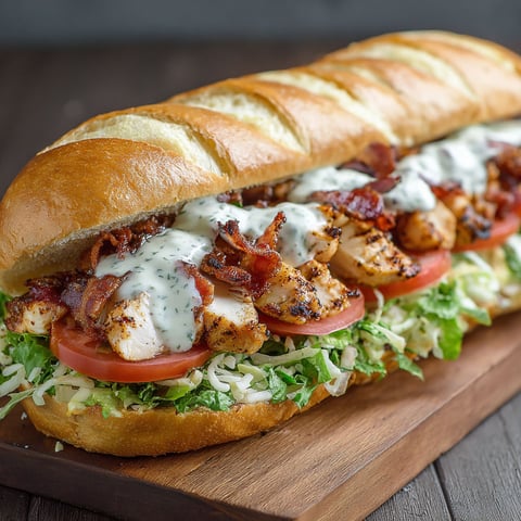 A sandwich with chicken, bacon, and ranch dressing.