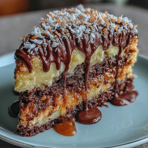 A slice of chocolate cake with chocolate drizzle on top.