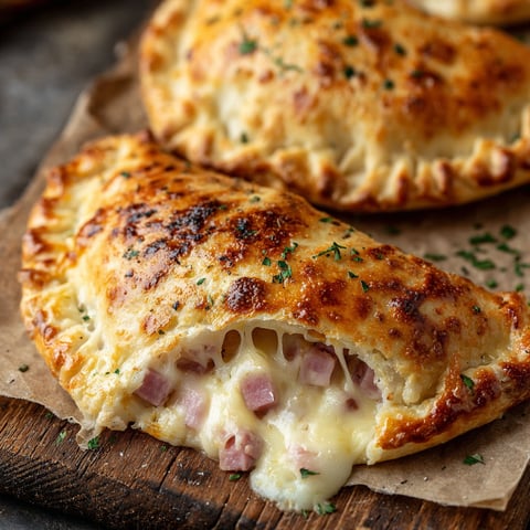 Two ham and cheese calzones on a wooden board.