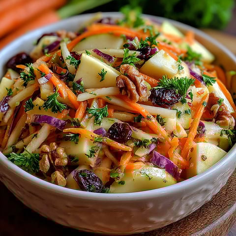 A bowl of vegetables including carrots, apples, and walnuts.