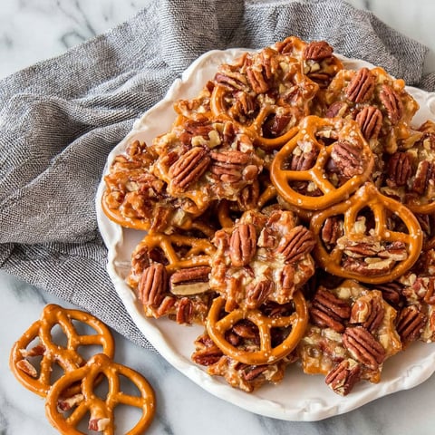 A plate of butter toffee pretzels.