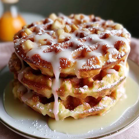 A stack of waffles with powdered sugar and drizzled with caramel.