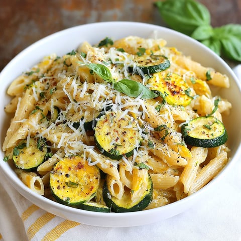 A bowl of pasta with zucchini and cheese.