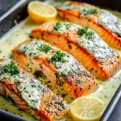 Baked salmon with pesto cream sauce.