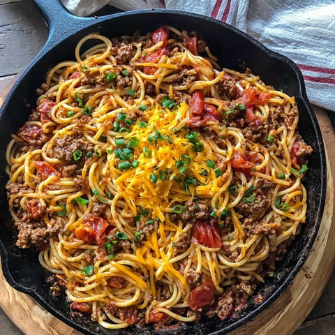 A skillet filled with spaghetti and meatballs.