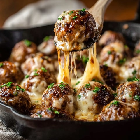 A close up of a delicious cheesy meatball dish.