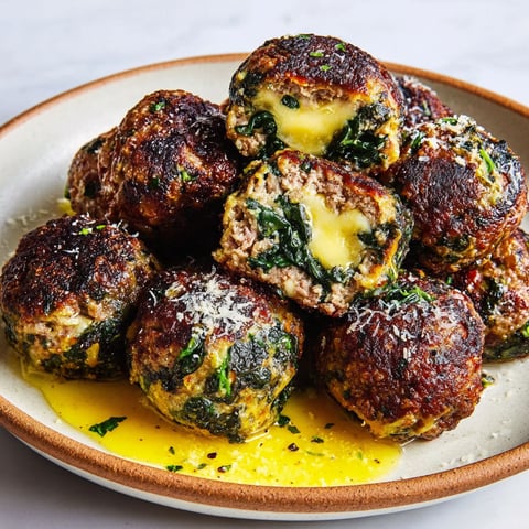 A plate of meatballs covered in cheese and spinach.