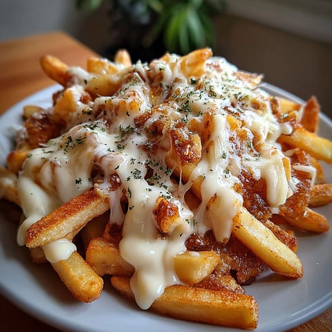 A plate of fries with cheese and herbs on top.