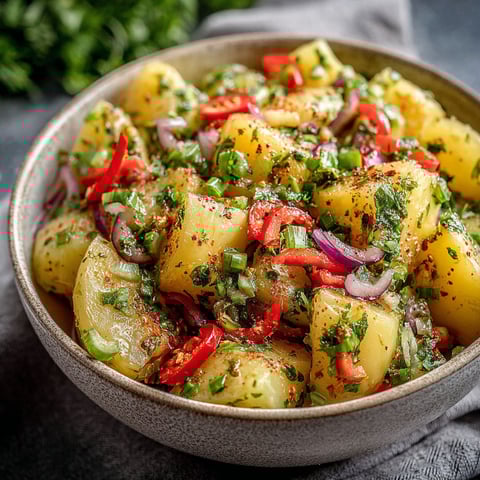 A bowl of potato salad with red peppers and green onions.