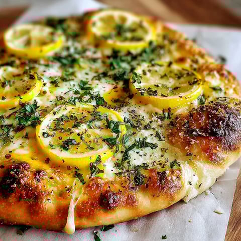 A pizza with lemon slices on top.