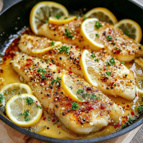 A pan of fish with lemon slices and spices.