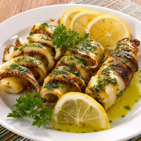 A plate of calamari with lemon and parsley.