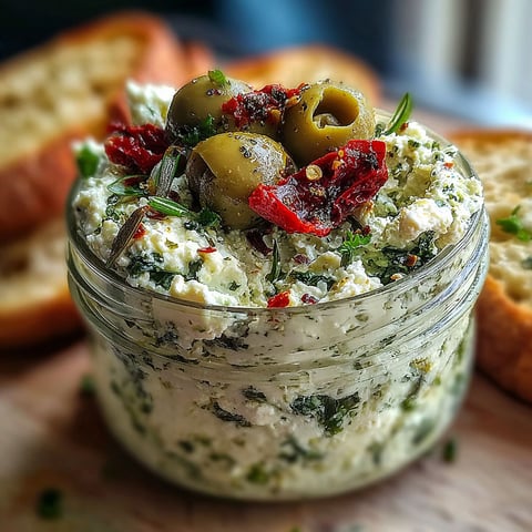 A jar of creamy feta and green olive spread.