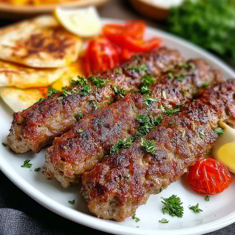 A plate of food with a kebab and tomatoes.