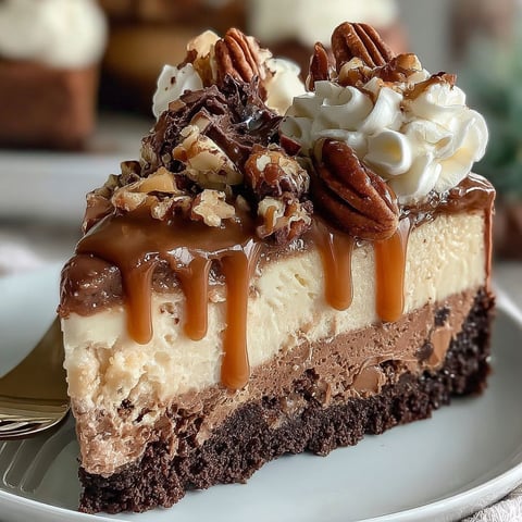 A slice of German chocolate cheesecake with caramel drizzle.