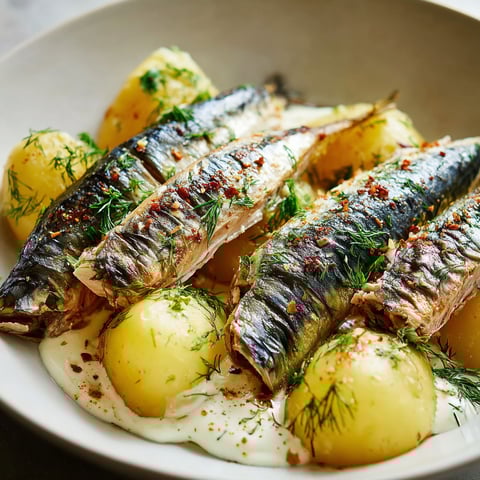Geräucherte Makrele auf Kartoffelbett.