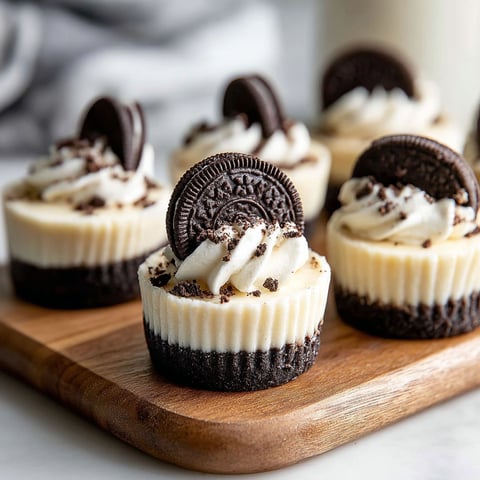 Mini Oreo Cheesecake Bites on a wooden tray.