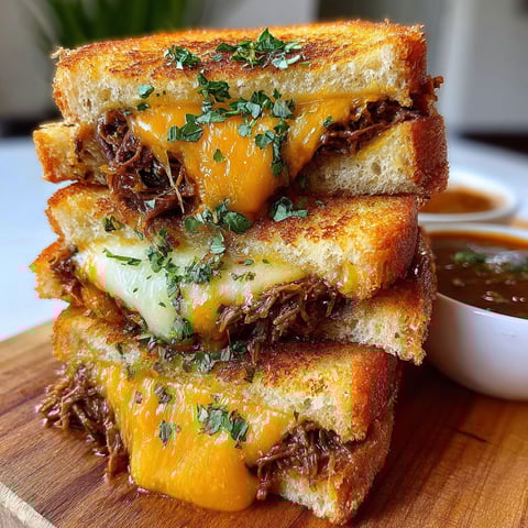 A stack of three grilled cheese sandwiches with meat in between.