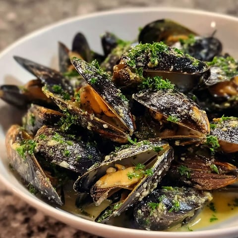 A bowl of mussels with herbs and spices.