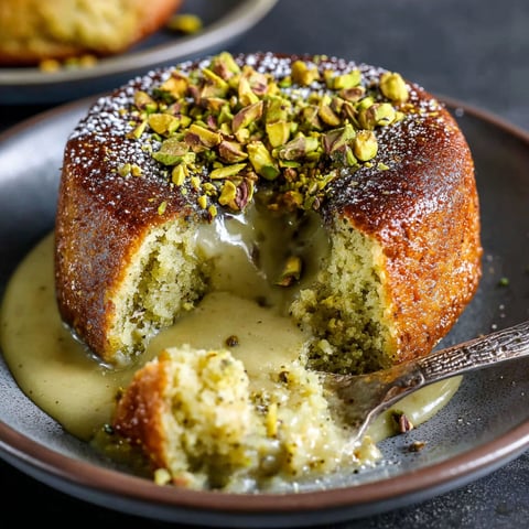A slice of pistachio lava cake with a spoonful of sauce.
