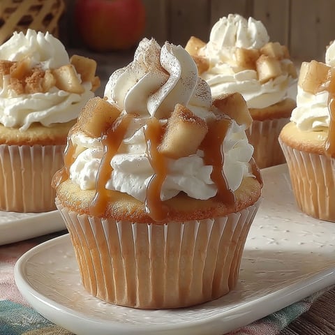Three apple pie cupcakes with whipped cream and caramel drizzle.
