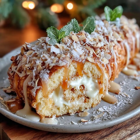 A delicious holiday toasted coconut and almond roulade.