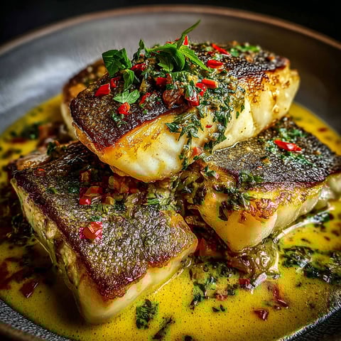 A plate of fish with a creamy sauce.