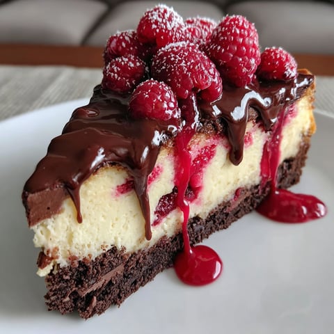 A slice of dark chocolate raspberry cheesecake.