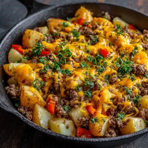 A skillet of potatoes and meat.