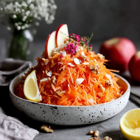 A bowl of carrots with a lemon wedge on top.