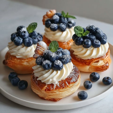 Three blueberry cheesecake puff pastries on a plate.