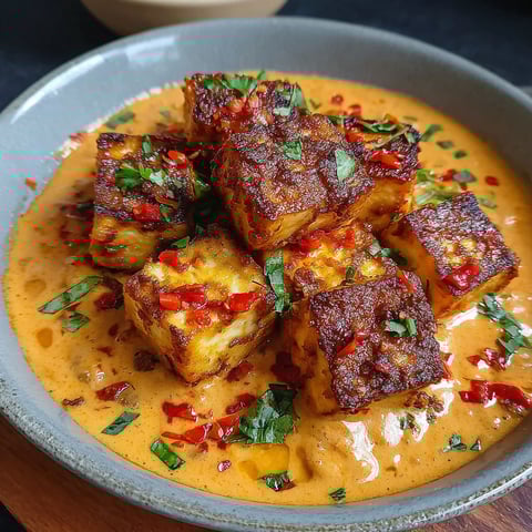 A plate of food with a creamy sauce and tofu cubes.