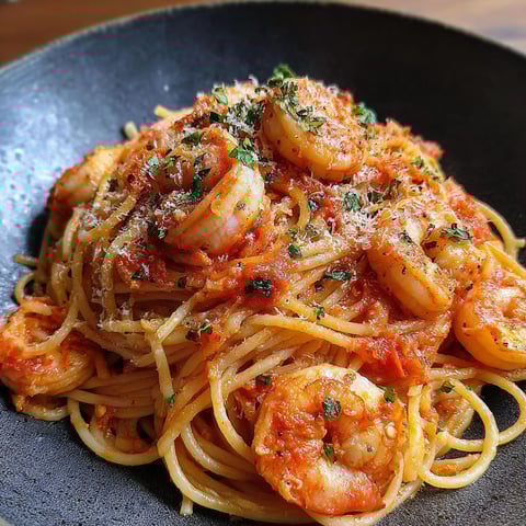 A bowl of spaghetti with shrimp and parsley.