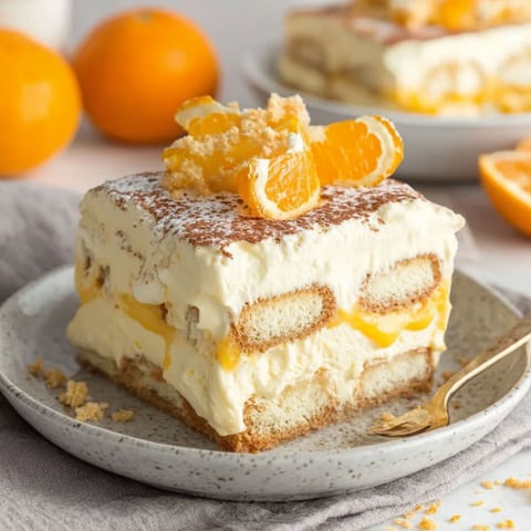 A slice of orange tiramisu with orange slices on top.
