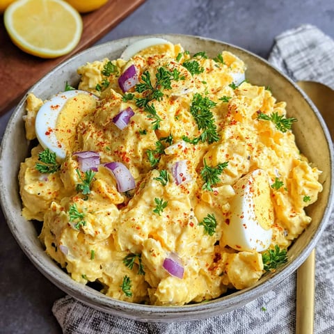 A bowl of food with eggs, onions, and lemon.