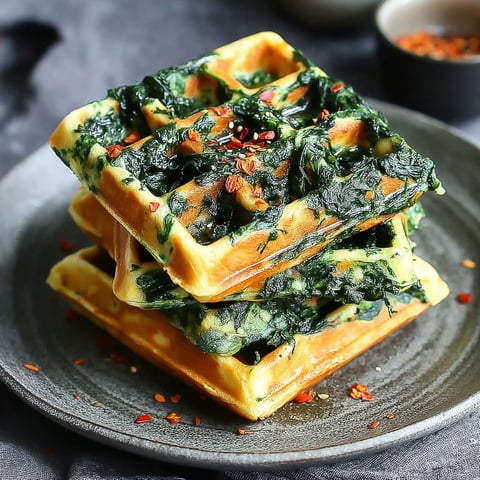 A stack of waffles with spinach on top.