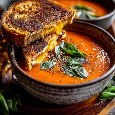 A bowl of soup with a grilled cheese sandwich on top.