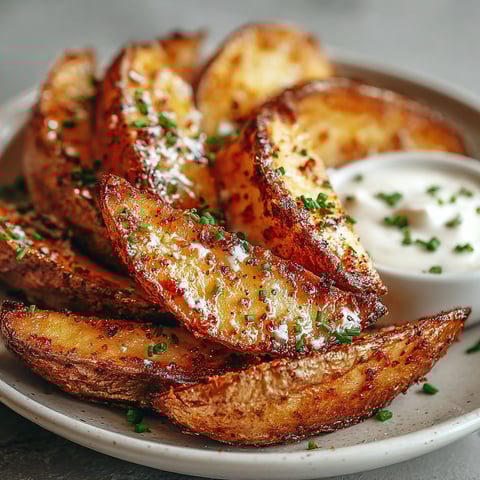 A plate of potato wedges with sauce.