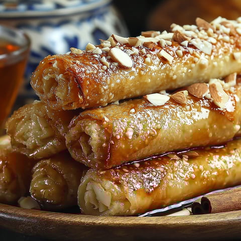 A plate of Moroccan honey almond cigars.